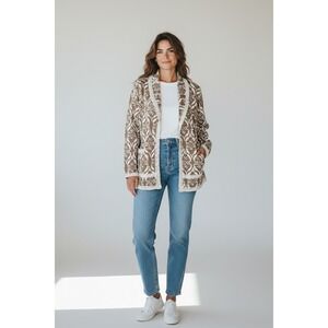 Heathmoor Damask Lace Trim Open Front Cardigan Taupe White Knit Jacket Boho XL